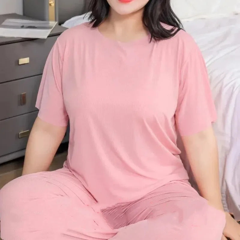 Ladies Fashion Loose Solid Color Two-piece Pajamas Ice Silk Top Wide Leg Pants Short Sleeve T-shirt Trend Sexy Summer New Style
