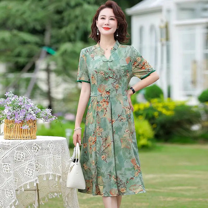Chinese-style Summer Vintage Fashion Elegant Mother's Mid-length New Slim Dress with Temperament