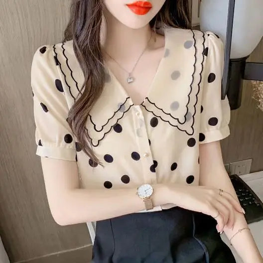 New Women's French Doll Collar Polka Dot Short Sleeved Summer Trendy Bubble Sleeve Top