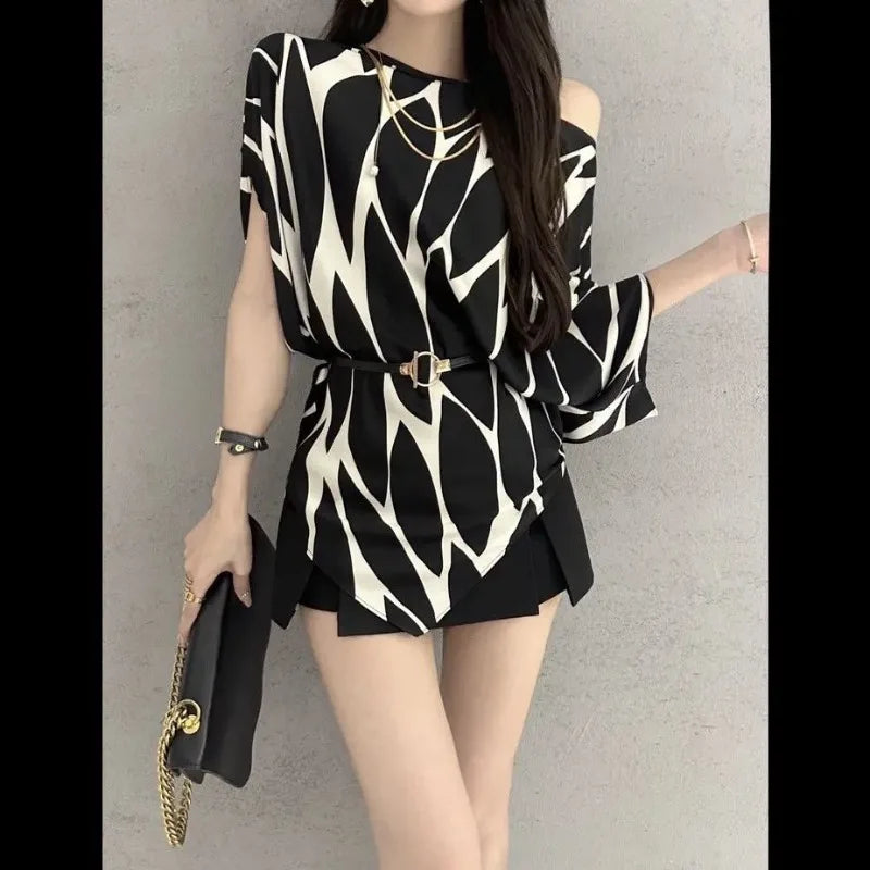 618 Fashion Elegant Trend Temperament Women's Shirt Striped Summer New Style Loose Short Sleeve Off Shoulder Irregular Tops